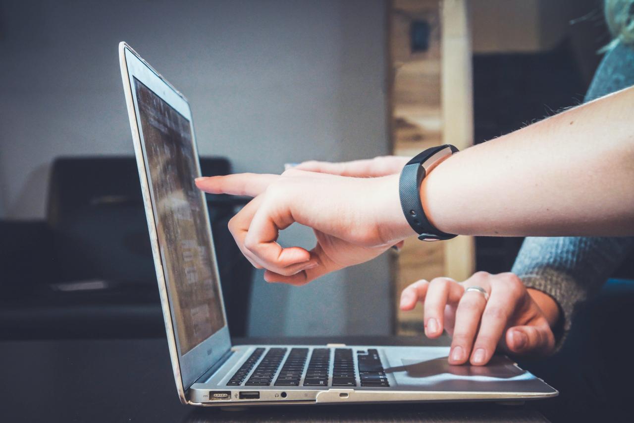 Hands point at the screen of a laptop